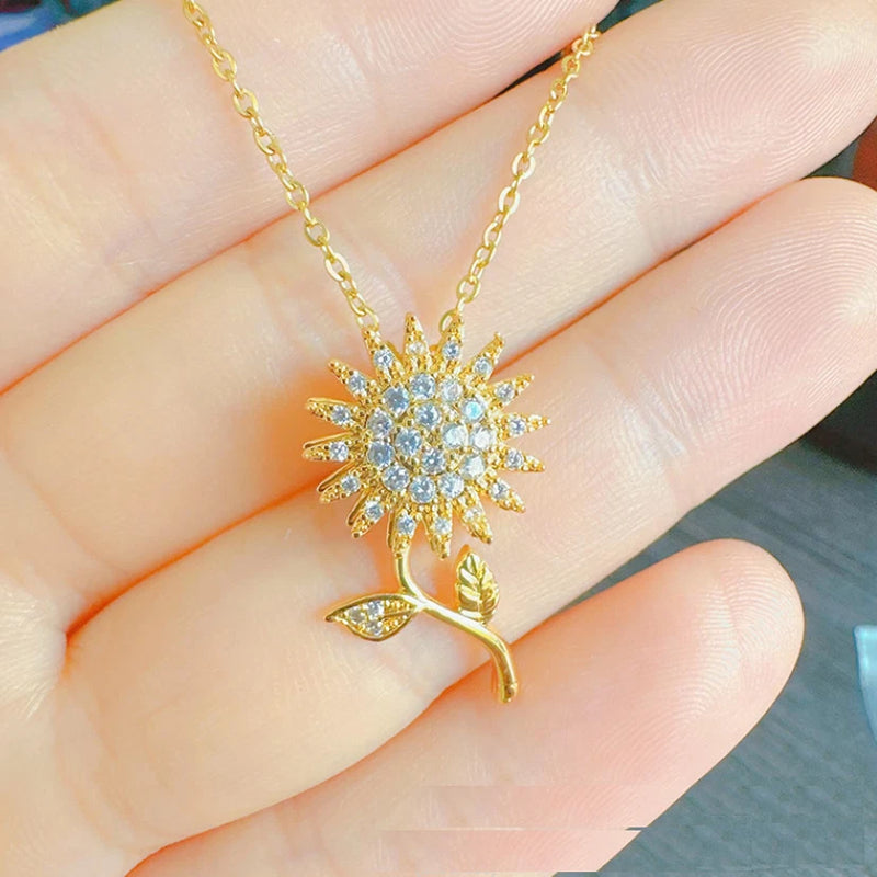 Women Girl Rotary Gold Sunflower CZ Flower Pendant Chain Necklace Jewelry PE44 Sunflower