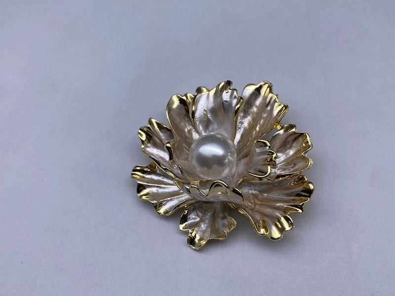 Peony flower pearl brooch with silver petals and gold-tone scalloped edges