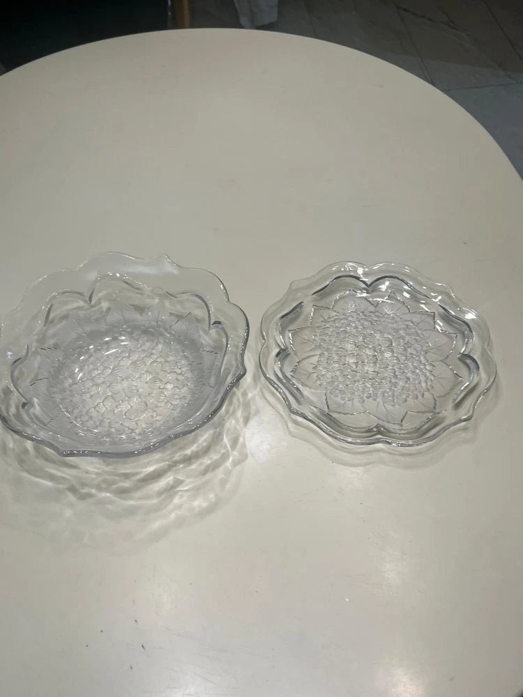 Vintage Clear Glass Floral Hydrangea Scalloped Fruit Bowl & Platter Set 12 1/2" Hydrangea