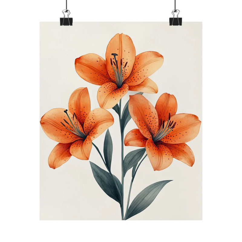 Tiger lily flower art print poster with orange lilies and green stems
