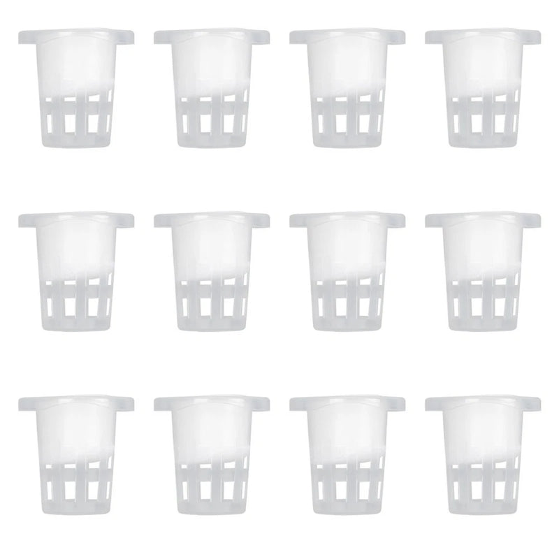 Set of white plastic net cups with perforated sides and open top for hydroponic plants
