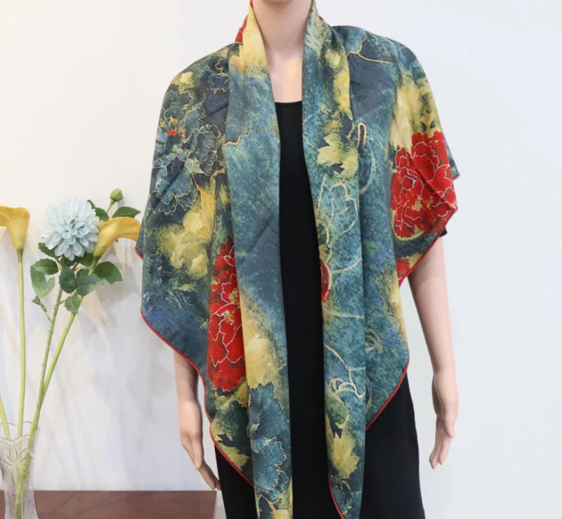 70% Cashmere 30% Silk Bandana Wrap Double Face Scarf 135X135cm red flower Print Sunflower