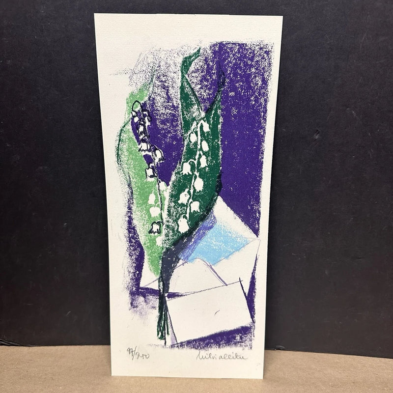 Signed color lithograph print with purple, green, and blue abstract shapes on white paper