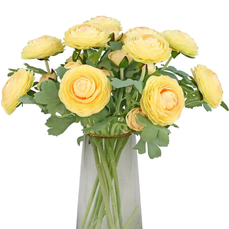 Artificial Ranunculus Flowers Real Touch Stem Silk Creamy Yellow 19" 10pc Ranunculus