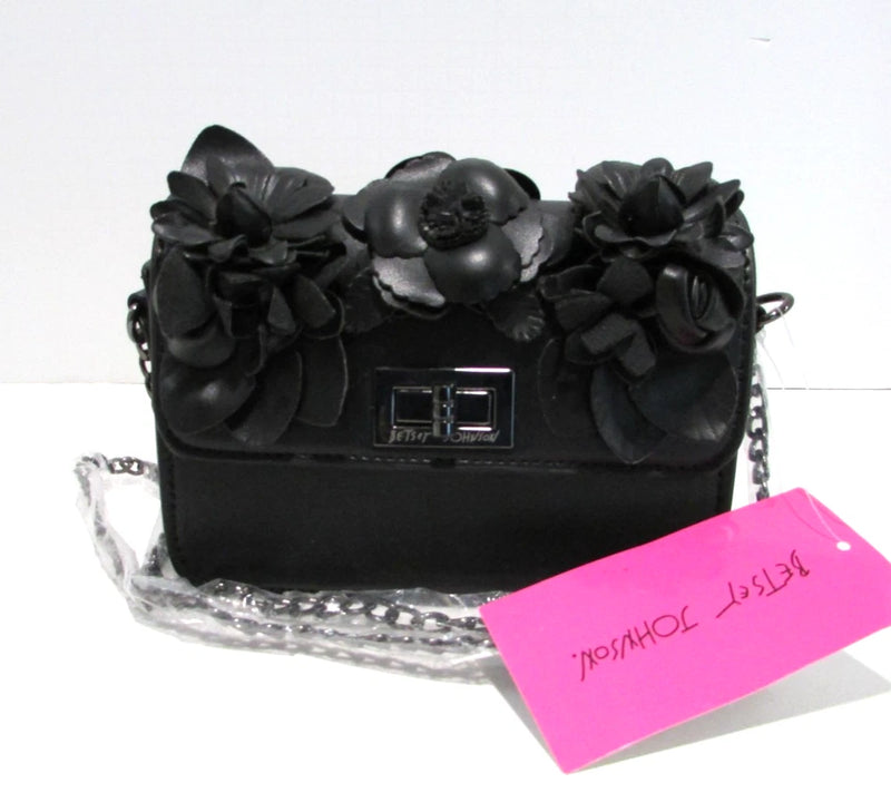 Betsey Johnson black floral crossbody bag with 3D flower applique and chain strap