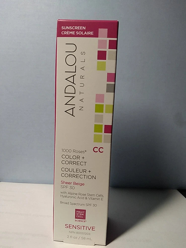 ANDALOU NATURALS CC Color Correct sunscreen box, sheer beige SPF 30, 2 fl oz