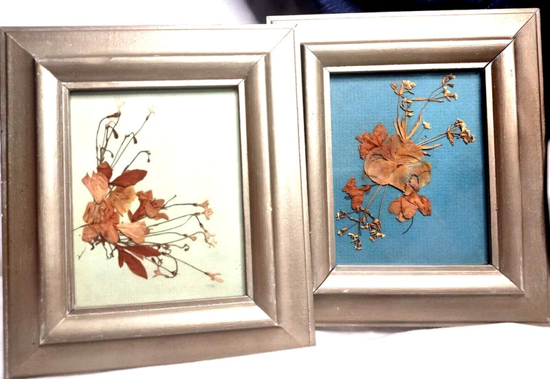 Pair of wood-framed vintage pressed dried flowers on matt board, autumn tones