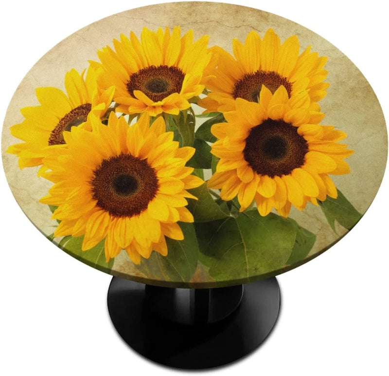 Round fitted tablecloth with sunflower floral print