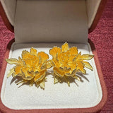Gold Plated Peony Flower Stud Earrings Womens Floral Jewelry Peony
