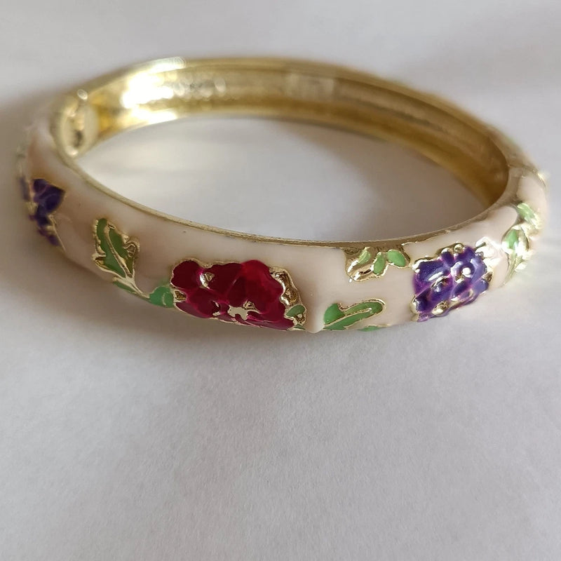 Gold-tone cloisonne enamel bangle bracelet with red and purple peony flowers and green leaves