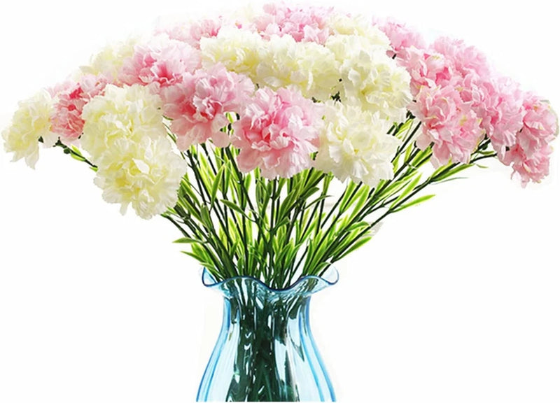 10 Bunches Bouquet of Artificial Silk Flower Carnations,Single White+pink Carnation