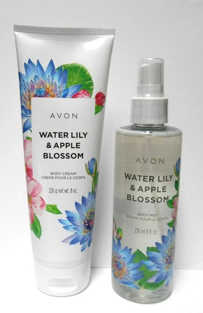 Avon water lily & apple blossom body cream tube and mist spray bottle