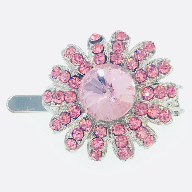 Pink rhinestone sunflower hair clip barrette with crystal center