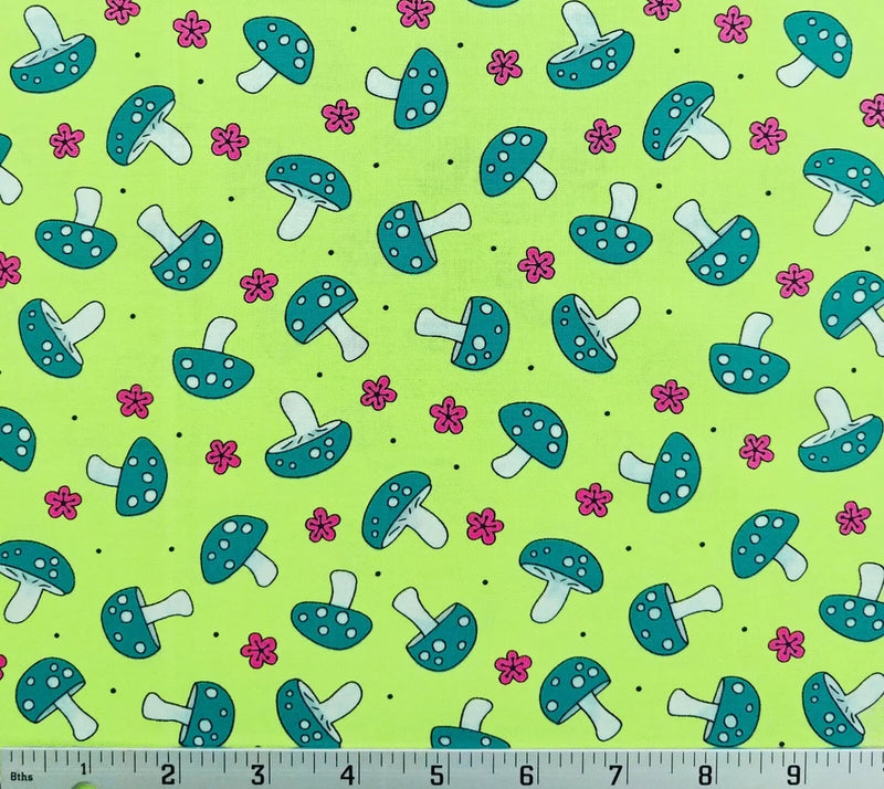 Lime Teal Amanita Mushrooms Hoot Hoot Cotton Quilt Fabric Kim Schaefer Andover Flowering Plants