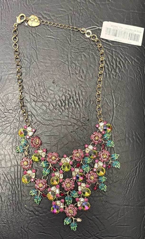 Vtg Tagged BETSEY JOHNSON  Carnations Pink Rhinestone  Statement Bib Necklace Carnation