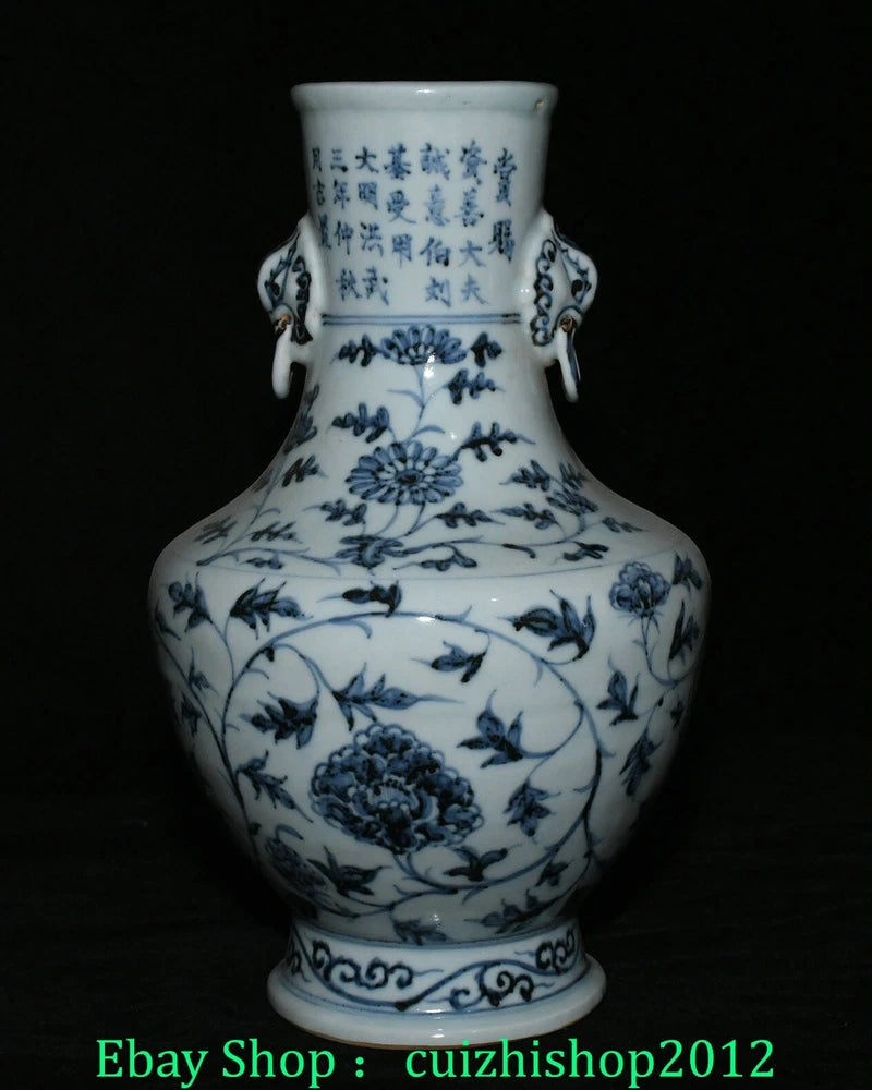 Blue and white porcelain bottle vase with lion-head handles and floral scenes