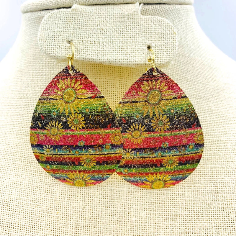Colorful sunflower teardrop glitter earrings on gold hooks