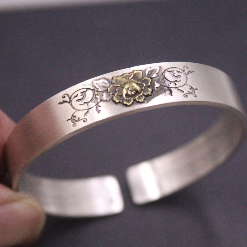 Pure silver peony flower cuff bracelet with decorative vine engraving