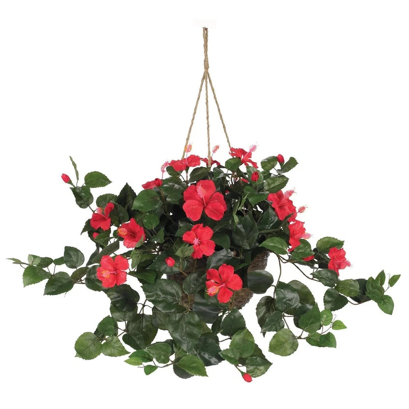 Hanging basket artificial hibiscus plant with red flowers and green leaves