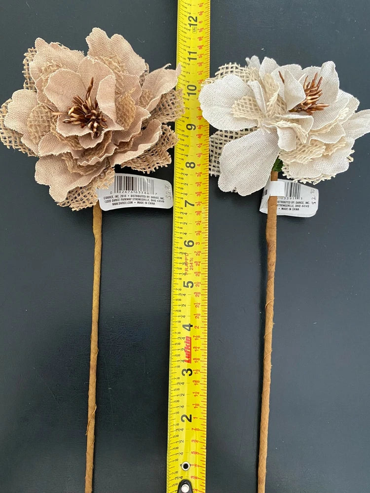 Burlap peony flower craft picks on wooden sticks, tan and white fabric flowers