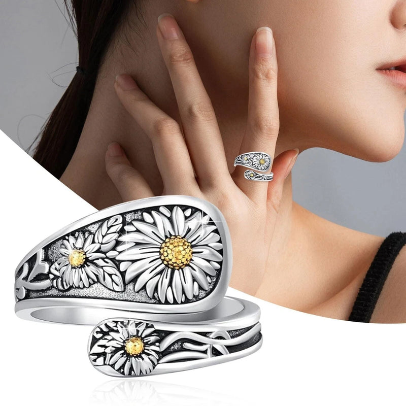 Silver sunflower adjustable open ring with yellow center flower and leaf details