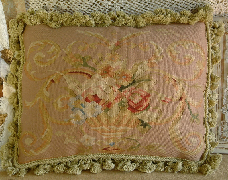 Pastel floral rose pillow with aubusson pattern and fringed tassel trim, square