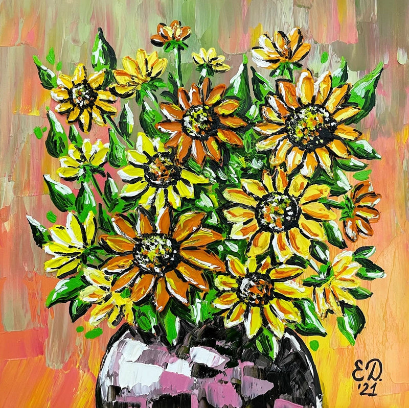 Sunflower floral impasto oil painting of a bouquet in a black vase, vibrant yellow blooms