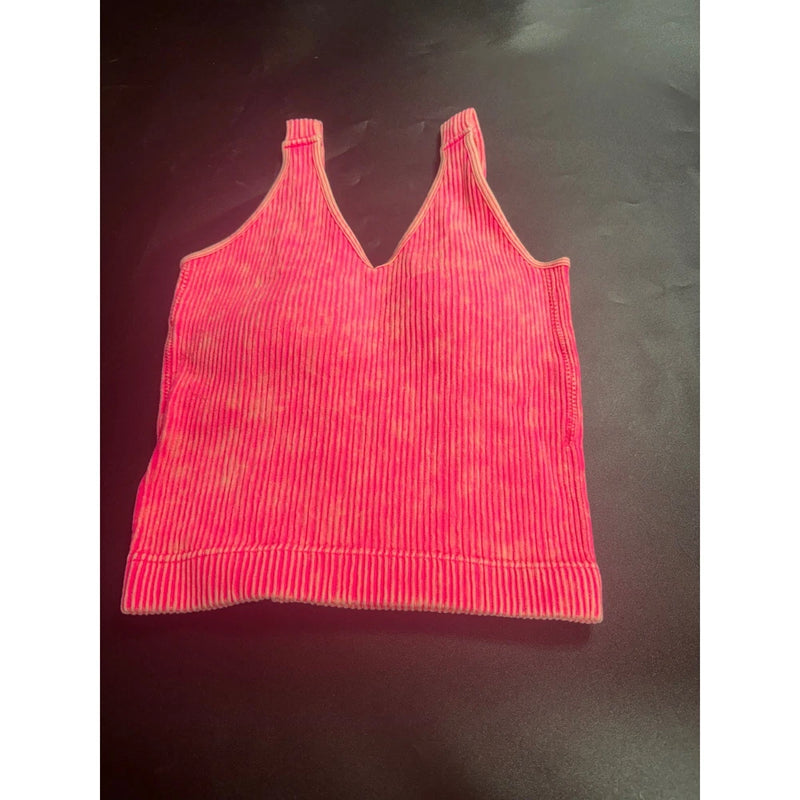 Zenana NEW Ribbed Stone  Wash V-Neck Crop Tank Top/Brami Padded Hot Pink  L/XL Roses