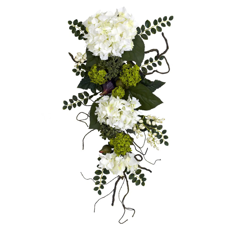 Artificial White Green 28" Hydrangea Teardrop Floral Hanging Home Room Decor Hydrangea