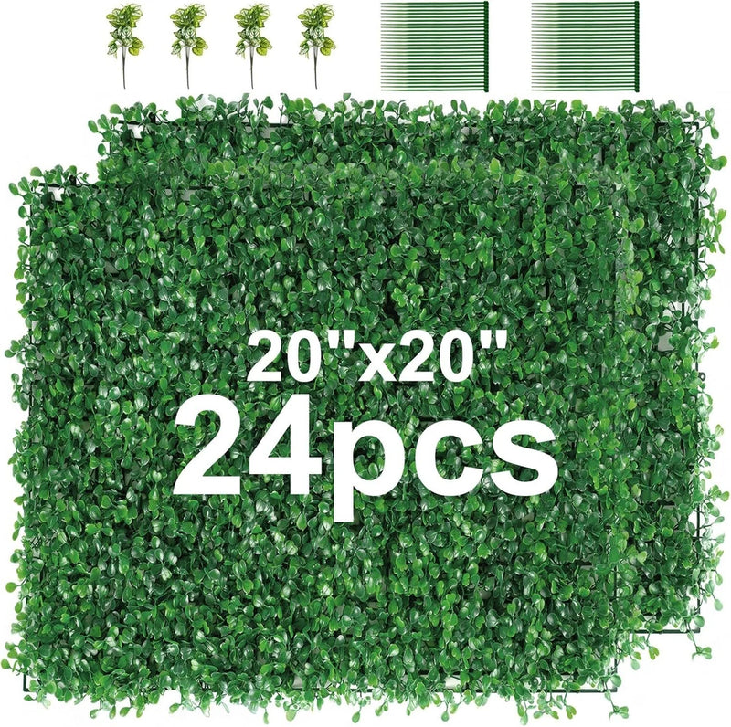 24pcs 20"x20" Artificial Boxwood Mat Wall Hedge Decor Privacy Fence Panel Grass Green Plant