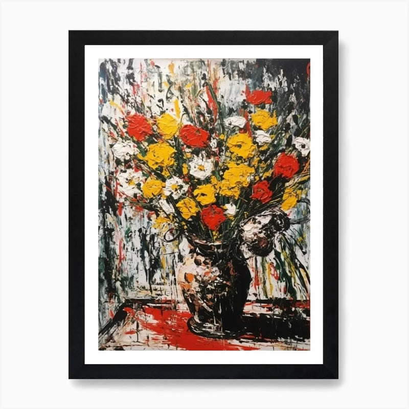 Framed abstract flower wall art with colorful carnations in a vase.
