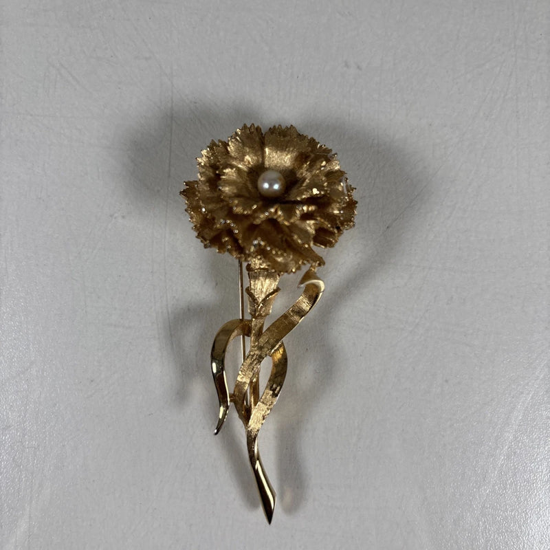 Vintage Marcel Boucher Carnation Brooch Pin Faux Pearl Gold Tone Flower Carnation
