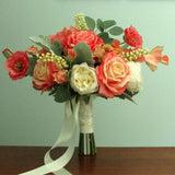 Silk Flower BRIDAL BOUQUET  Coral Pink Peach and Green Roses, Poppy, Hydrangea Bouquet