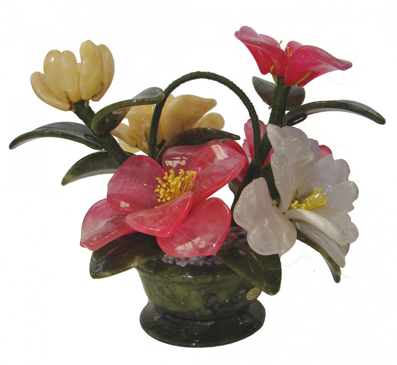 Decorative jade peony flower basket with red, pink, white blooms and dark green leaves