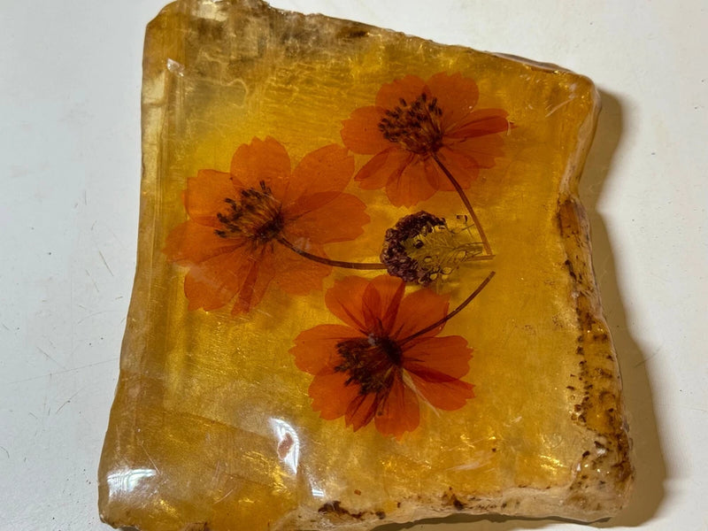 Selenite mineral specimen with pressed orange flowers in a translucent yellow slab