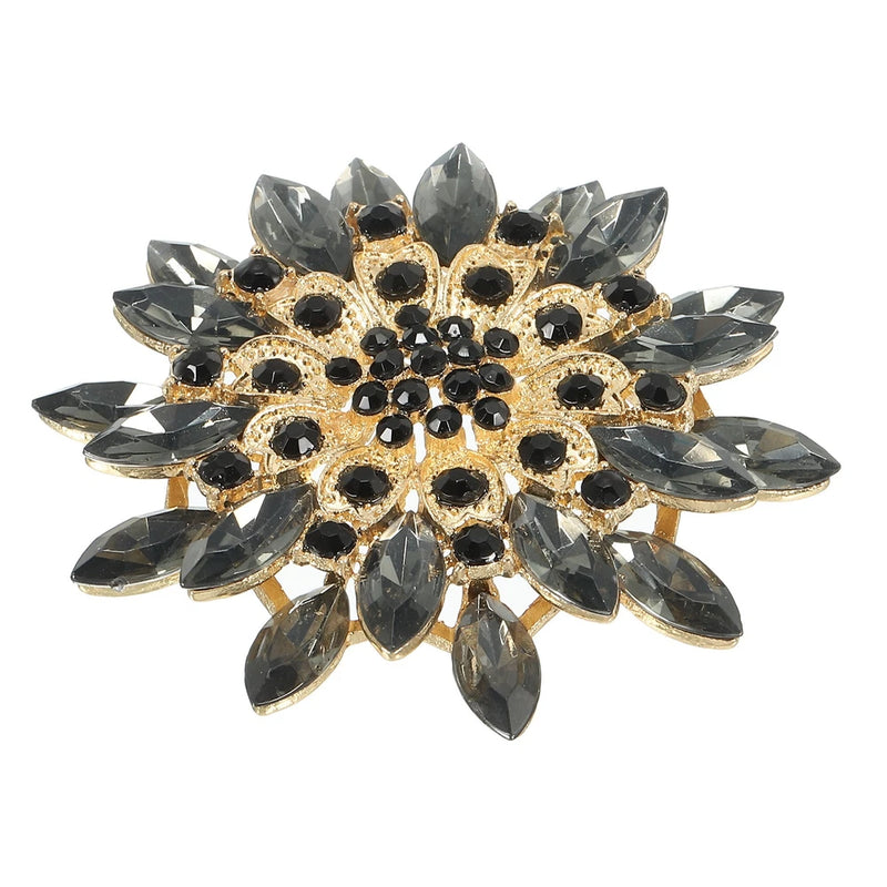 Rhinestone Flower Brooch Pin Large Crystal Sunflower Lapel Pin Black Sunflower