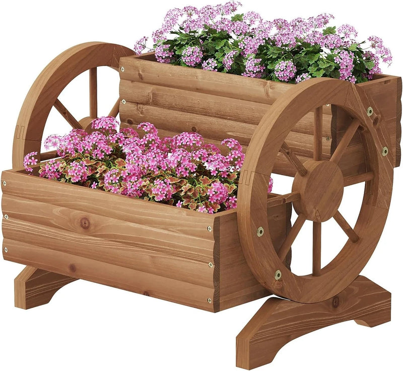 Wooden Flower Cart with Wheels Wooden Wagon Planter Outdoor Garden Planter, Deco Garden Plants