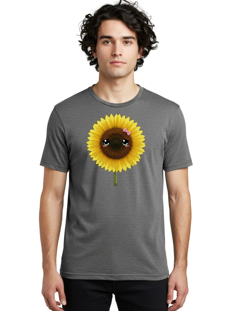 Men's dark gray cotton graphic t-shirt with smiling cartoon sunflower face