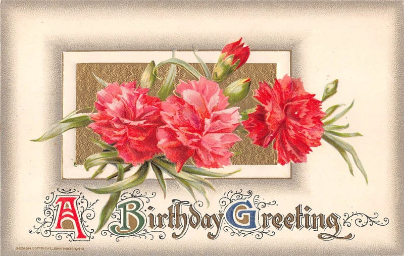 Birthday greeting postcard with pink and red carnations and ornate floral lettering