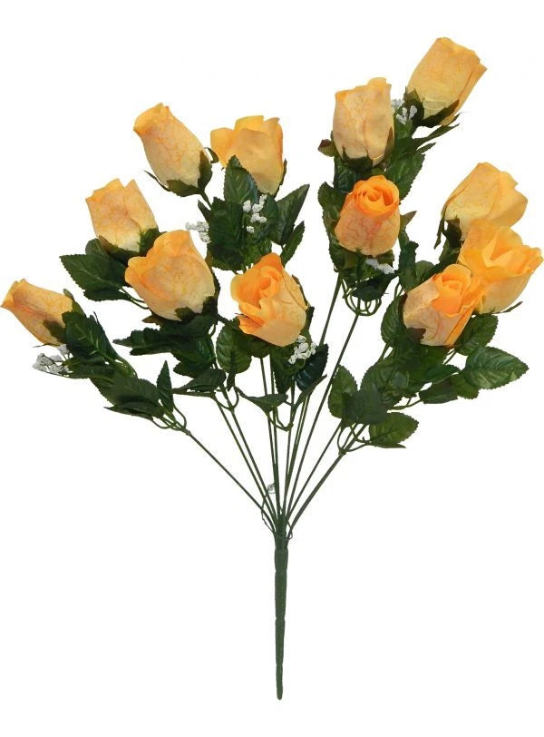 Yellow rose bud bouquet with 12 stems, printed blooms and green leaves.