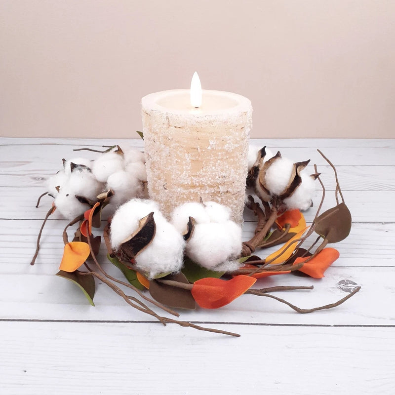Fall candle ring with dried cotton blooms and leaf accents for tealight candles