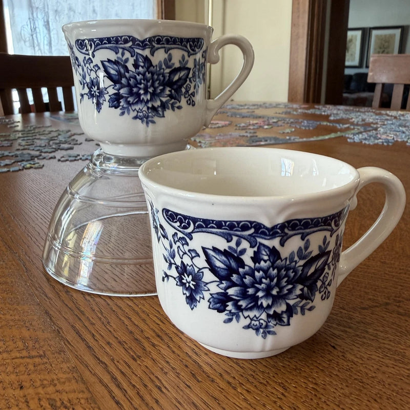 Ironstone Blue Carnation Tea Cups Set of 2 Japan 4235 CottageCore French Country Carnation