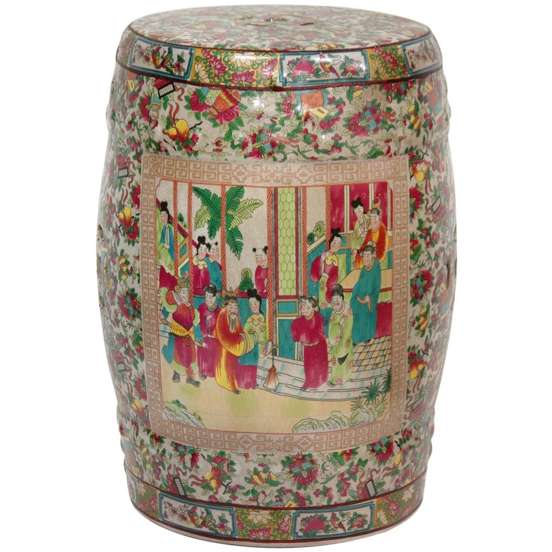 18-inch porcelain garden stool with multicolor floral and court scene medallions