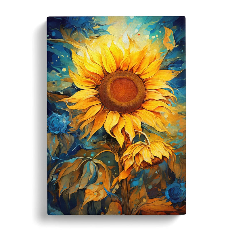 Framed canvas wall art print with large yellow sunflower and blue abstract background