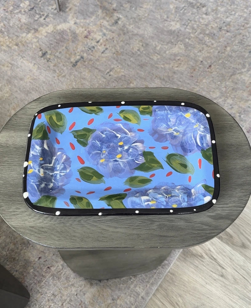Handmade Hand Painted Blue Hydrangeas Rectangle Serving Platter Signed Hydrangea