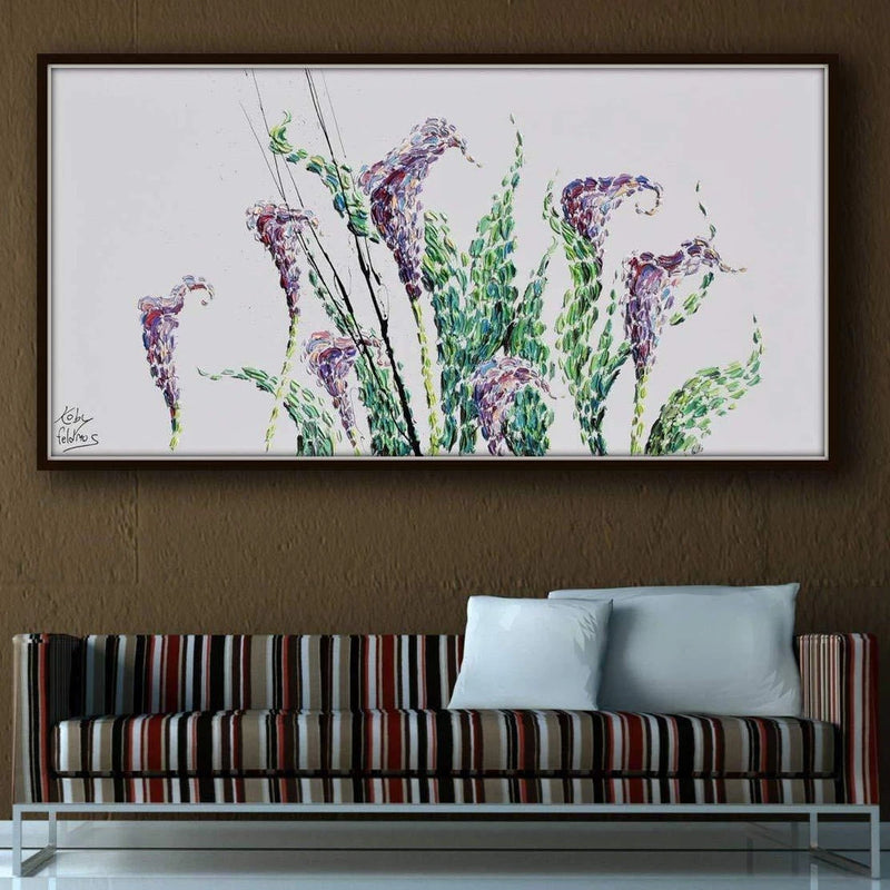 Framed calla lily floral wall art with purple and violet blooms and green stems