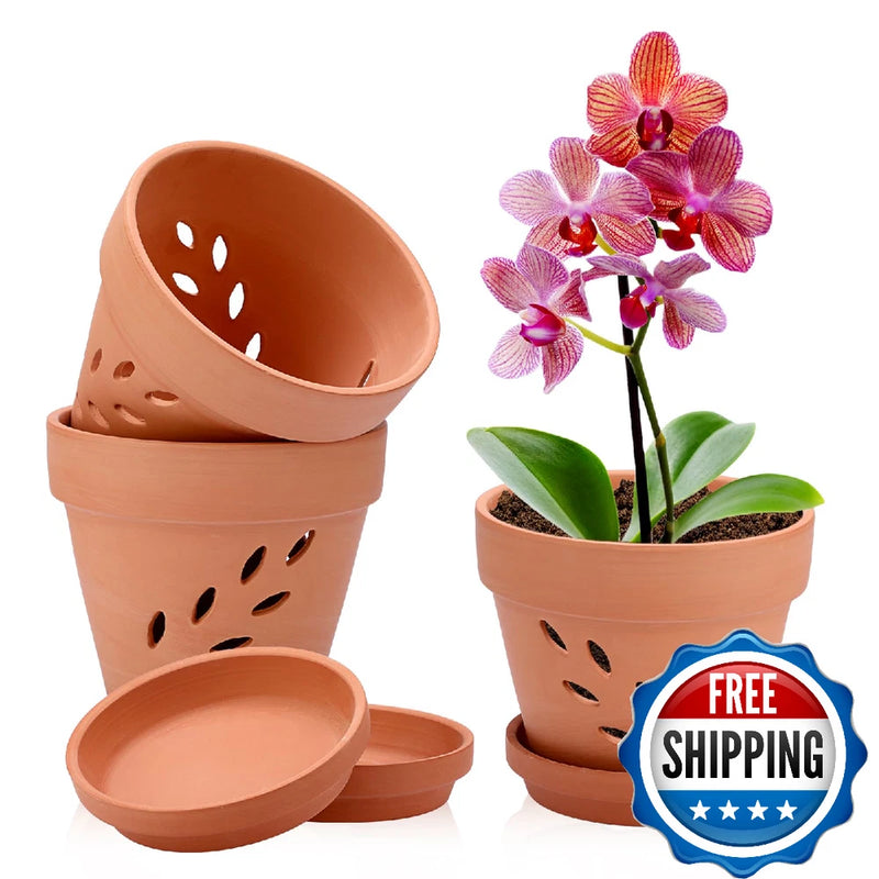JUXYES 3 Pack Small Terracotta Orchid Pots with Holes and Saucers, Clay Orchid P Orchids