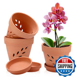 JUXYES 3 Pack Small Terracotta Orchid Pots with Holes and Saucers, Clay Orchid P Orchids