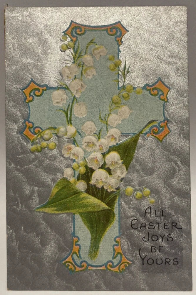Lily of the valley Easter greeting postcard with green leaves and script message