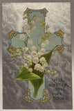 All Easter Joys Be Yours, Lily of the Valley Flowers, Silver Background Postcard Lily